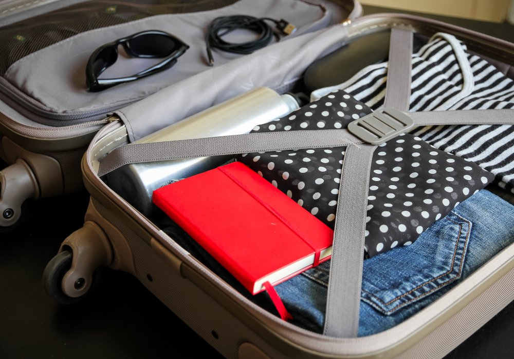 organized-packed-suitcase-gallery Suitcase with water bottle and notebook packed neatly