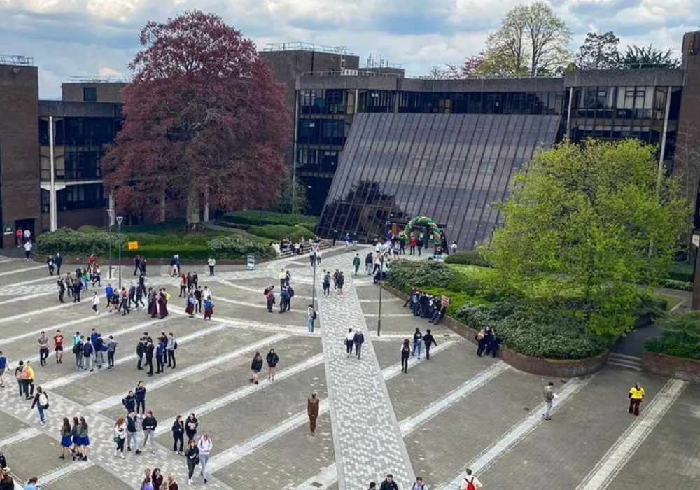 Students stroll through a courtyard at the University of Limerick.