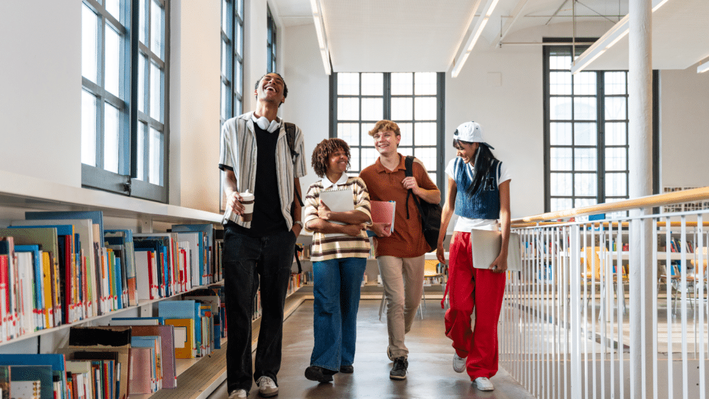 Multiethnic students laughing walking through library